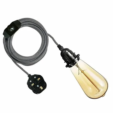 Plug in pendant light with 4m fabric braided cable, E27 bulb holder, British 3-pin plug, and dimmer switch in gold color