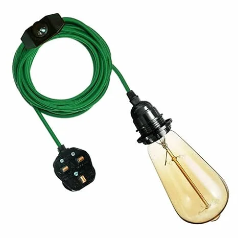 Plug in pendant light with 4m fabric braided cable, E27 bulb holder, dimmer switch, and UK 3-pin plug in gold color