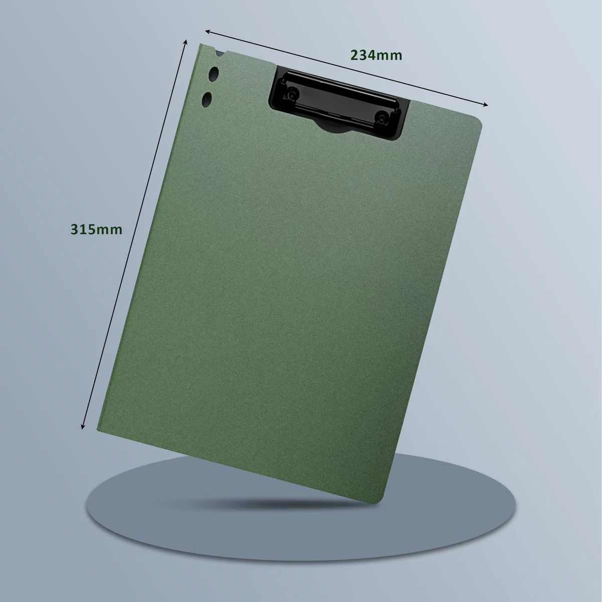 Set of three A4 plastic foldable clipboards with metal clips and pen holders, shown closed and stacked.