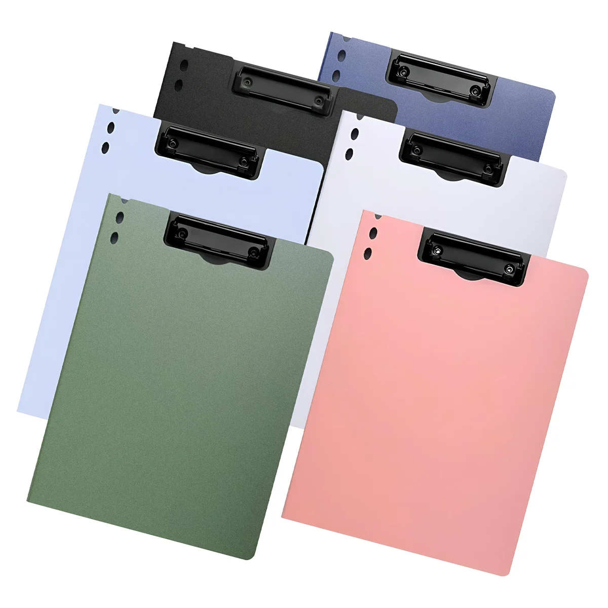 Set of three foldable A4 plastic writing pad clipboards with metal clips and pen holder inside spine