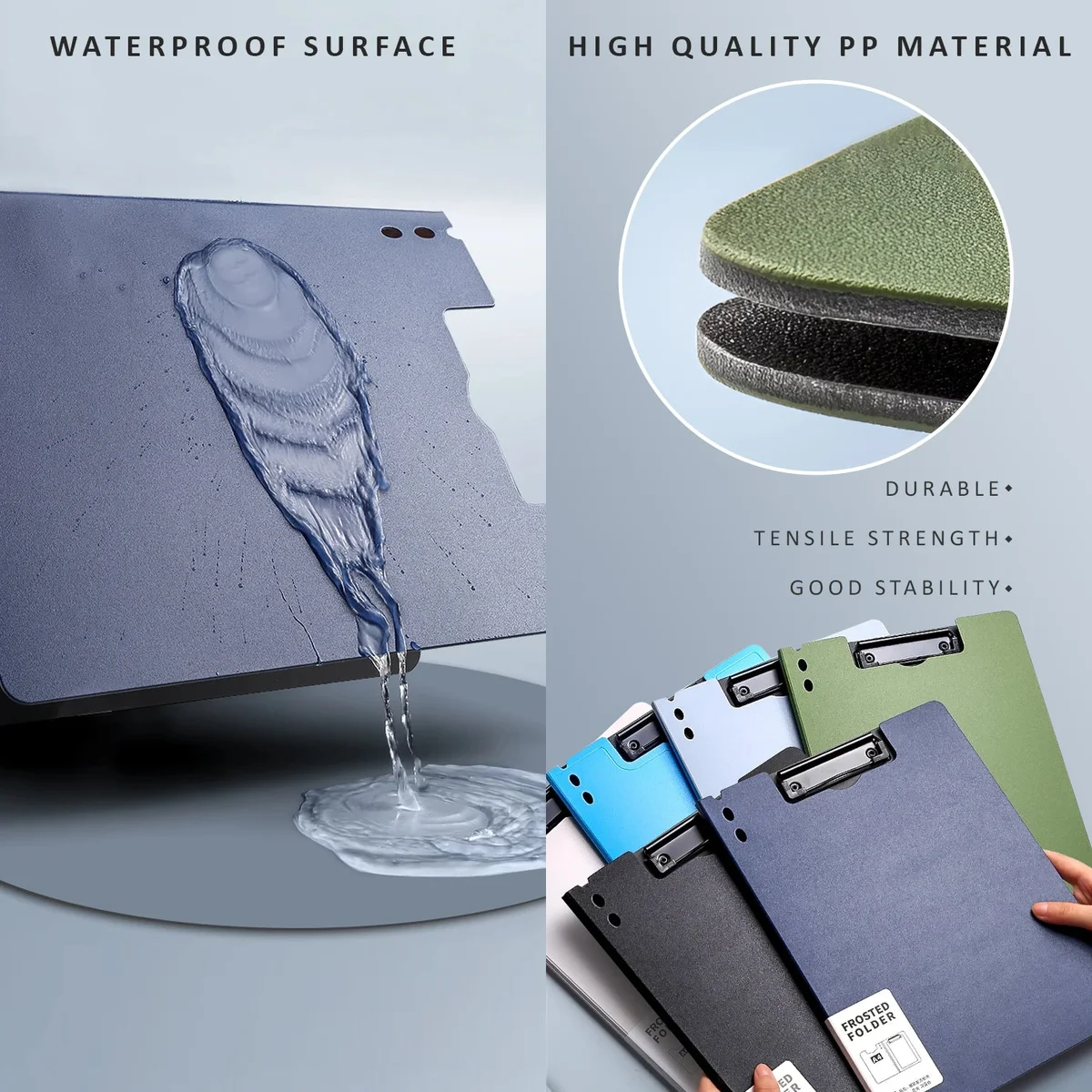 Three lightweight clipboards with metal clips and foldable plastic covers shown stacked on a white background