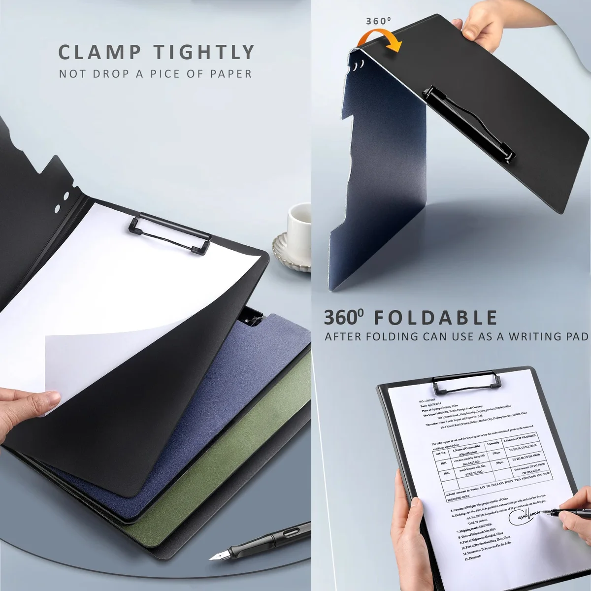 Three foldable A4 plastic clipboards with metal clips and built-in pen holders stacked on a white background