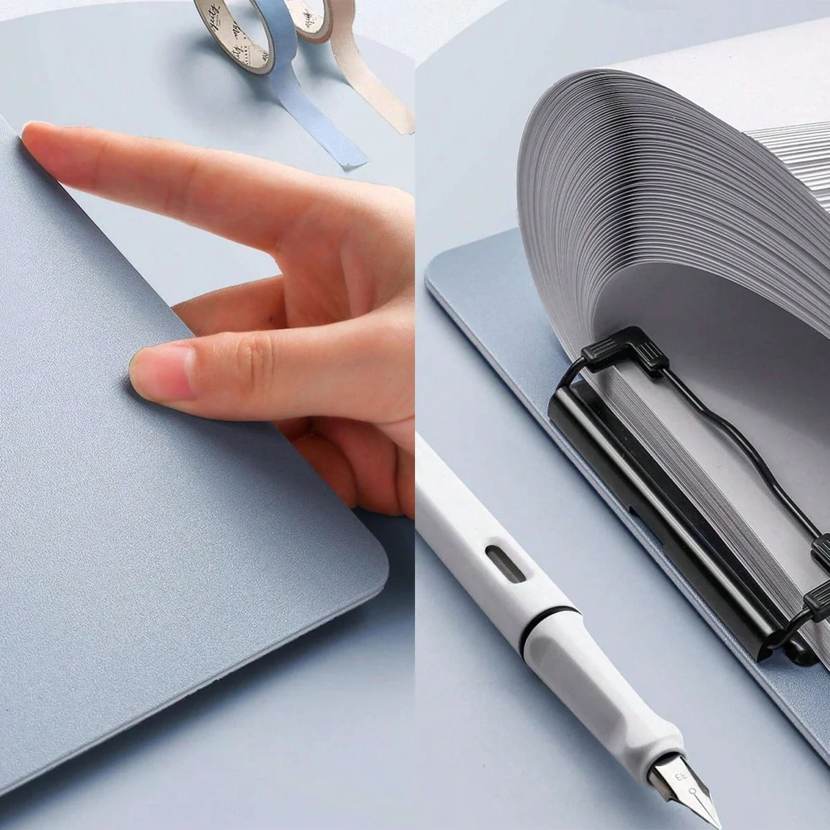 Three foldable A4 plastic clipboards with metal clips and pen holders stacked on white background