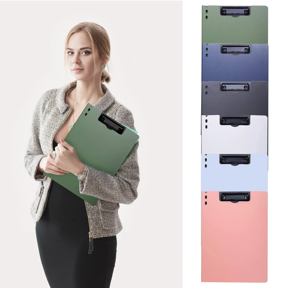 Set of three foldable A4 plastic clipboards with metal clips and pen holders, shown stacked on a white background