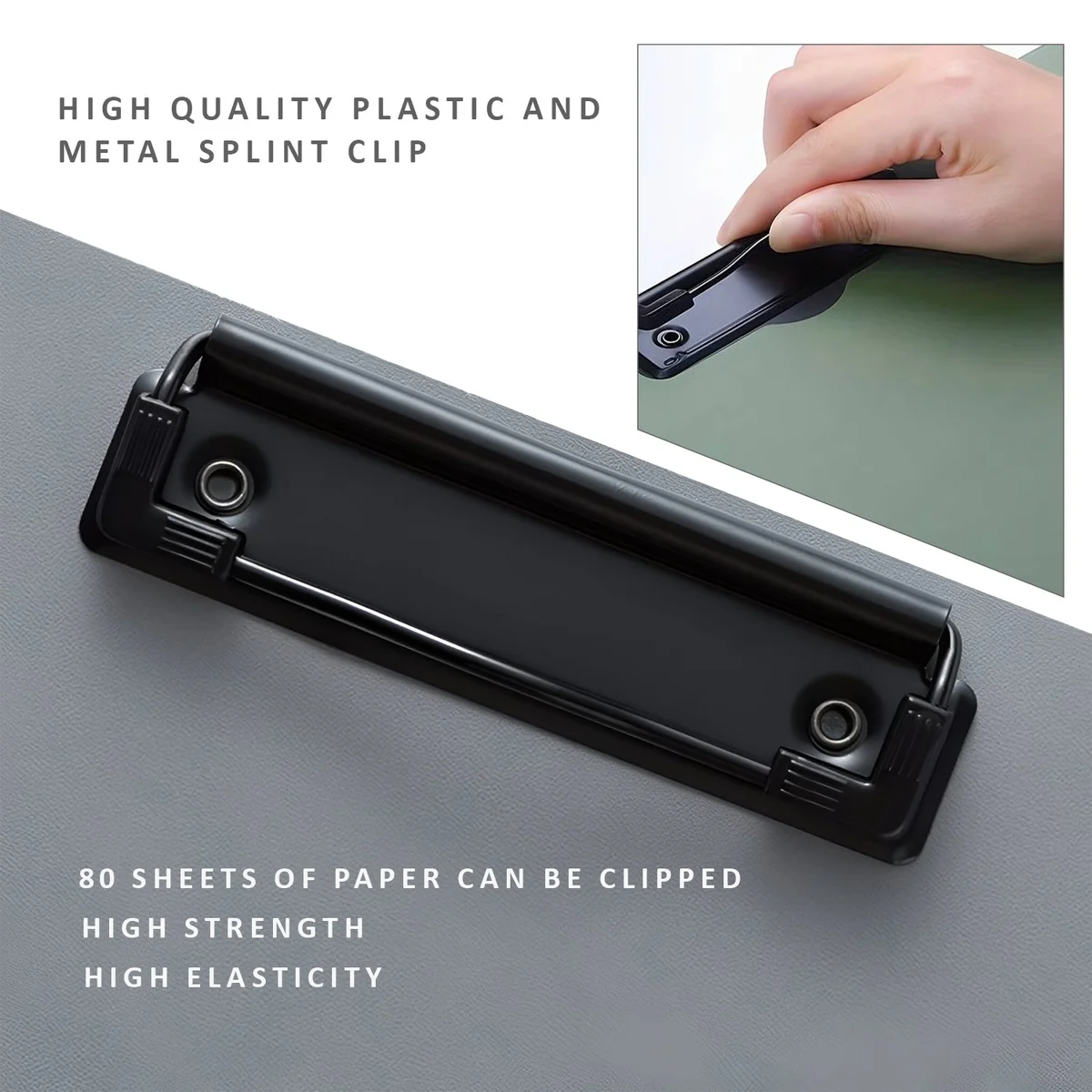 Three foldable A4 plastic clipboards with metal clips and pen holders stacked on a white background