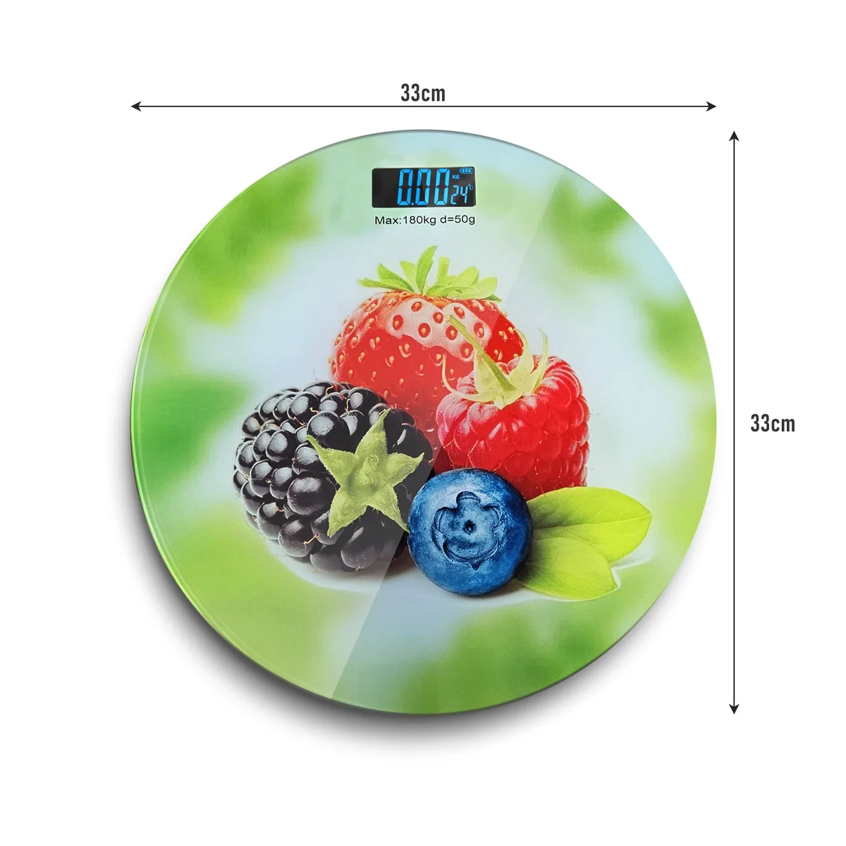 Round digital weight loss scales with printed design, LCD backlit display, and glass surface, showing weight measurement