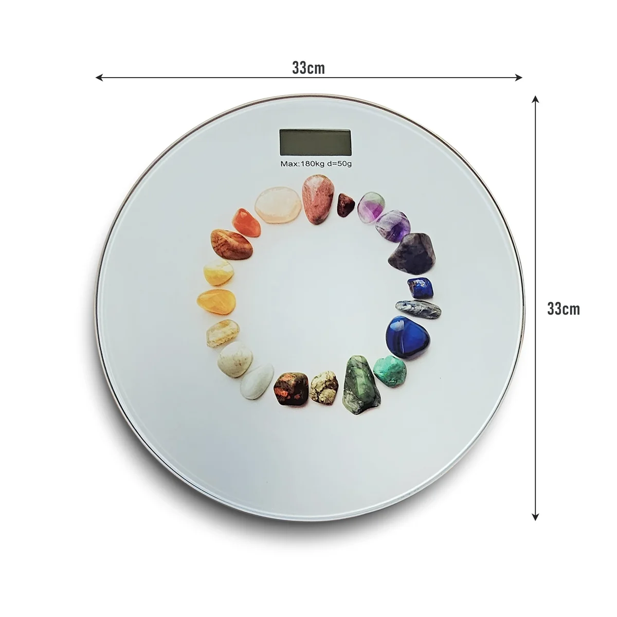 Round digital body fat scales with sleek glass surface, LCD backlit display, and printed stylish design, weighing up to 180kg