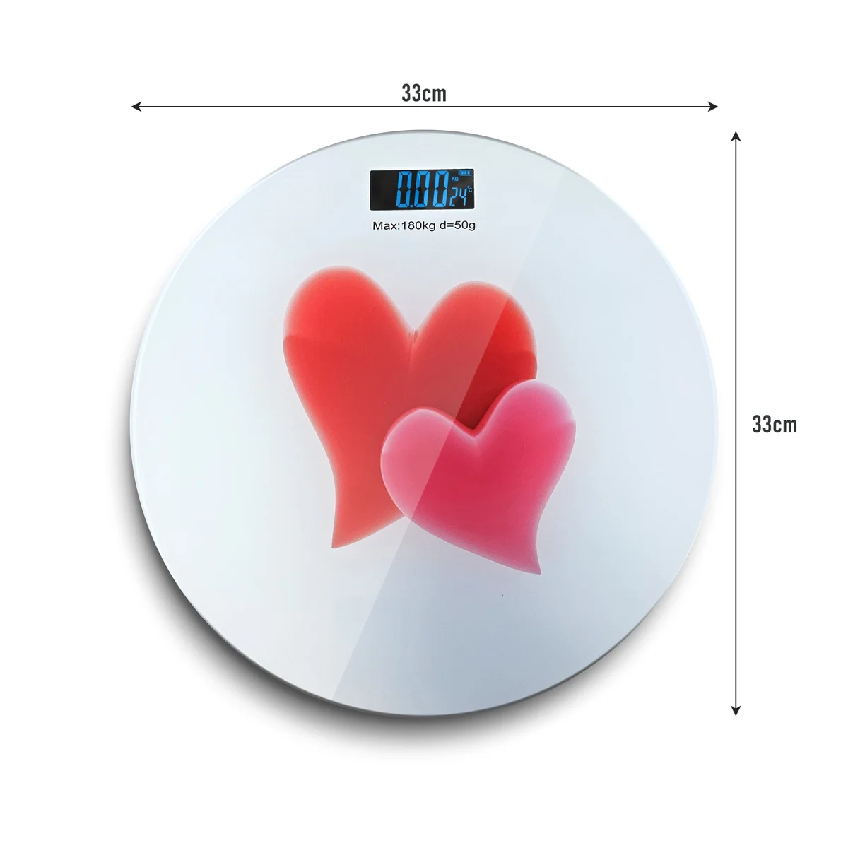 Round portable digital scales with sleek glass surface and backlit LCD display showing weight measurement