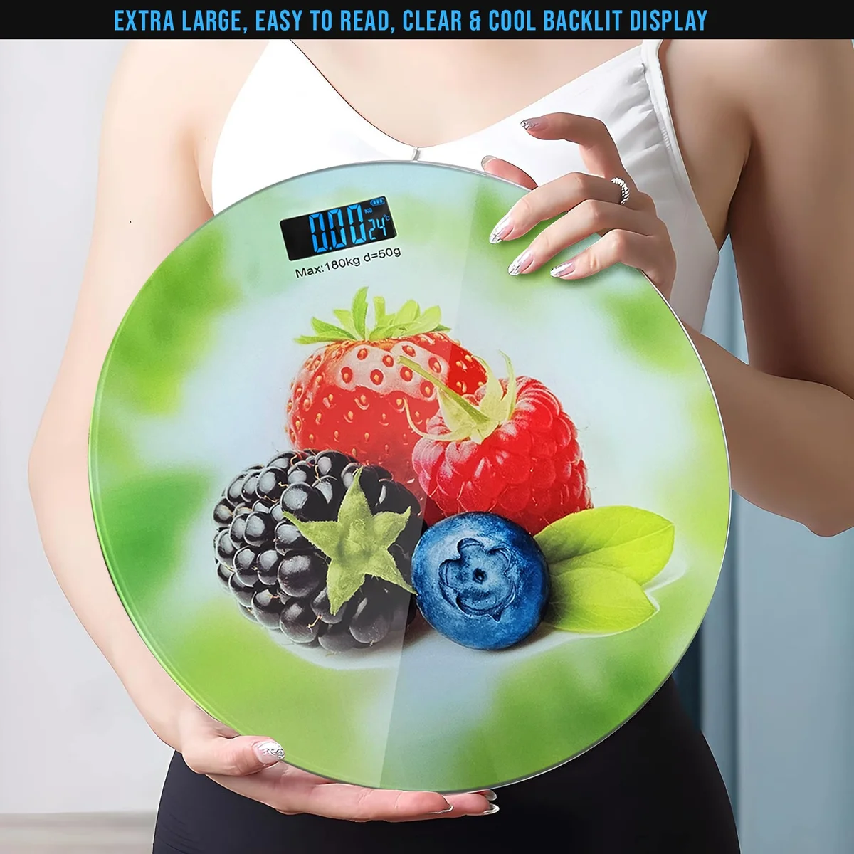 Round digital scales weight loss with printed design, LCD backlit display, and glass surface, max 180kg capacity