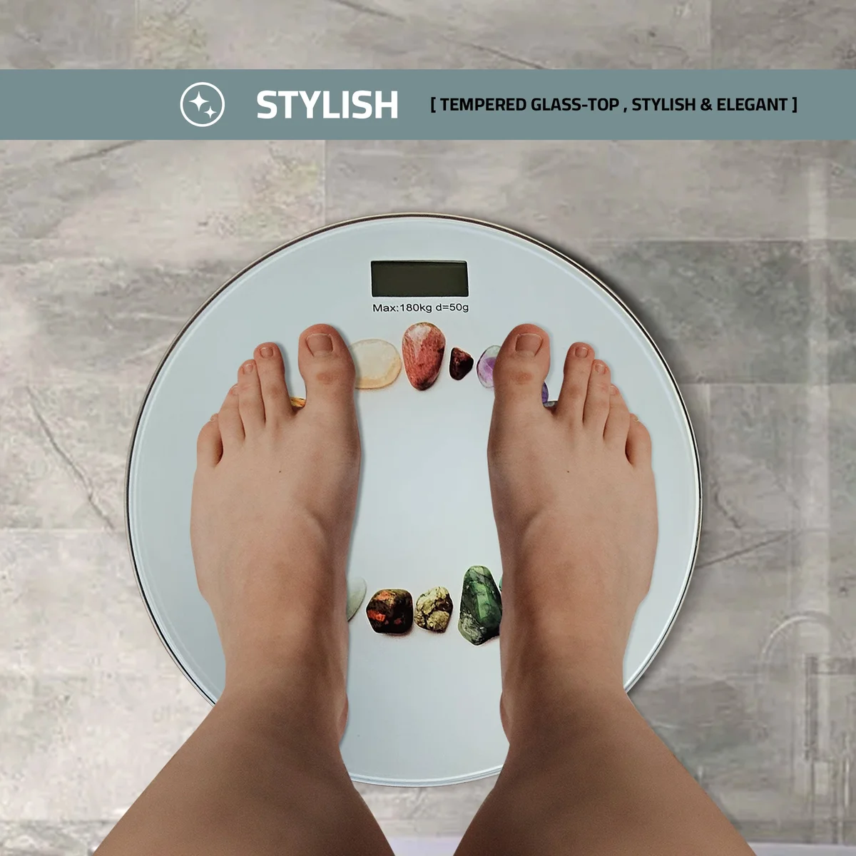 Round digital scales weight loss with printed design, LCD backlit display, and glass surface, max 180kg capacity.
