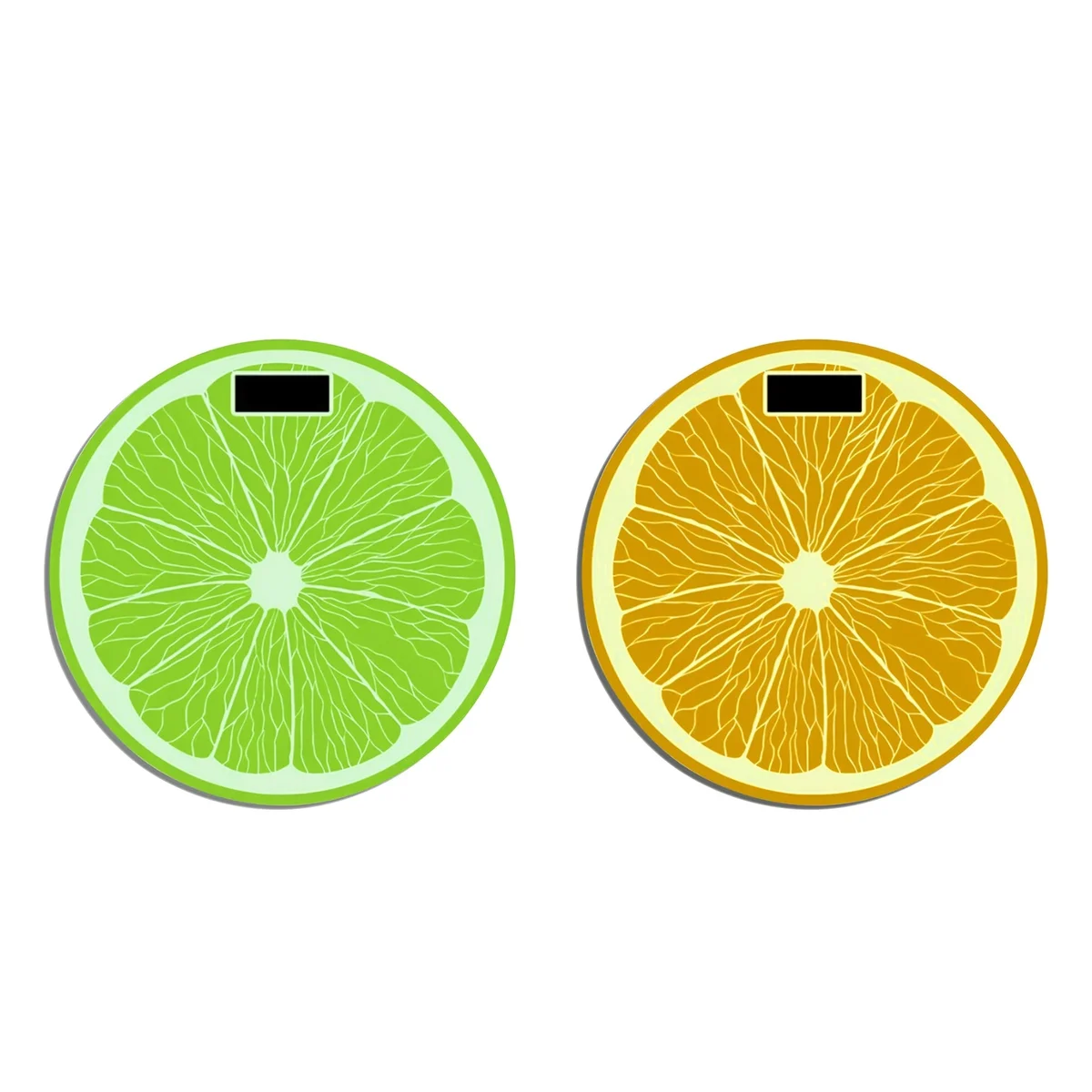 Round orange and lemon design digital body weight scale with LCD backlit display on glass platform