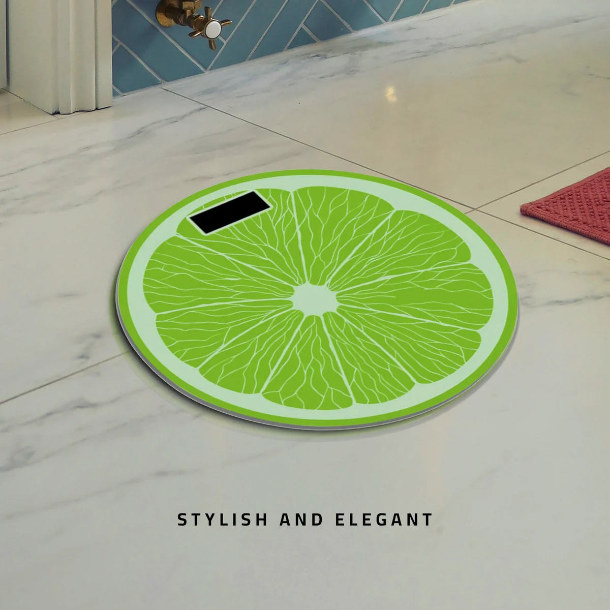 Round orange and lemon design body weight scale glass with LCD backlit display and USB charging port on white background