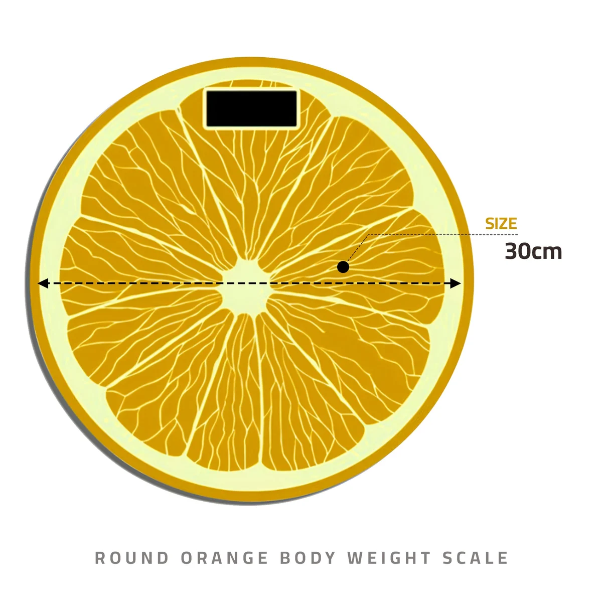 Round digital scale with orange and lemon design, LCD backlit display, and glass surface, showing weight reading