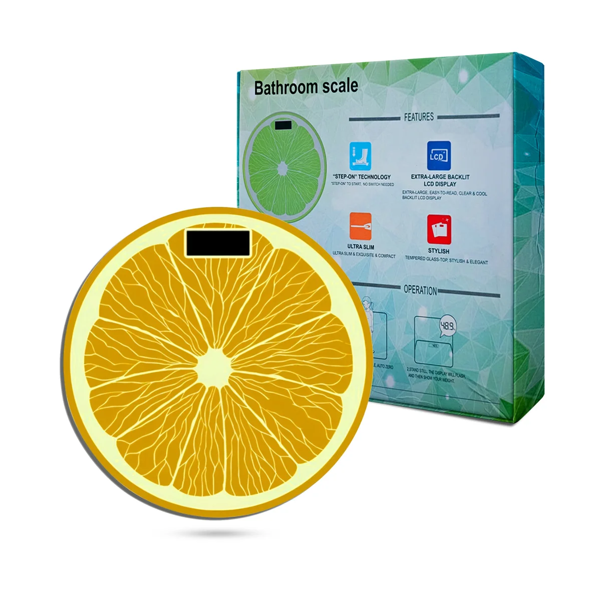 Round orange and lemon design portable body fat scale with LCD backlit display showing weight reading