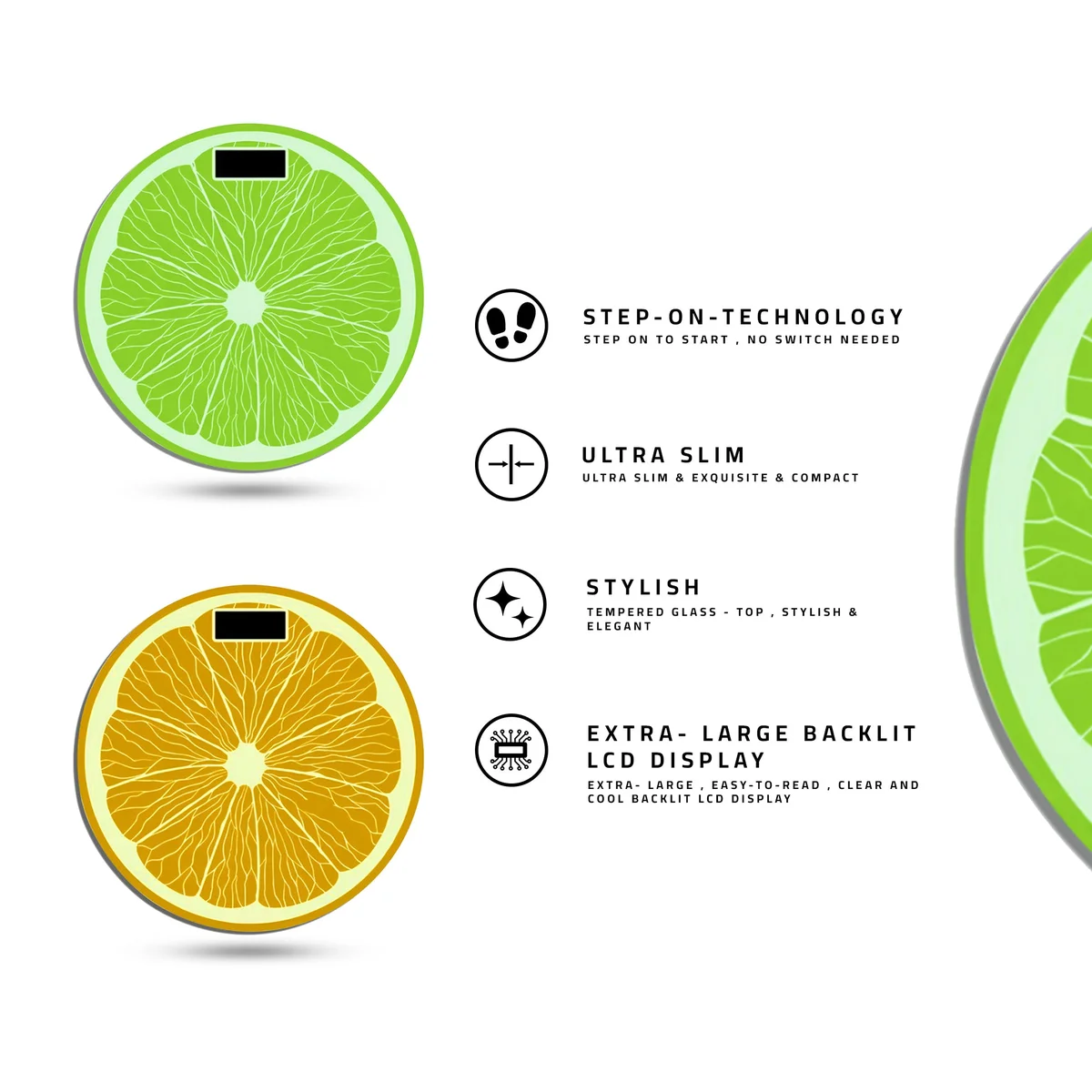 Round orange and lemon design digital body weight scale with LCD backlit display scale and glass surface on white background