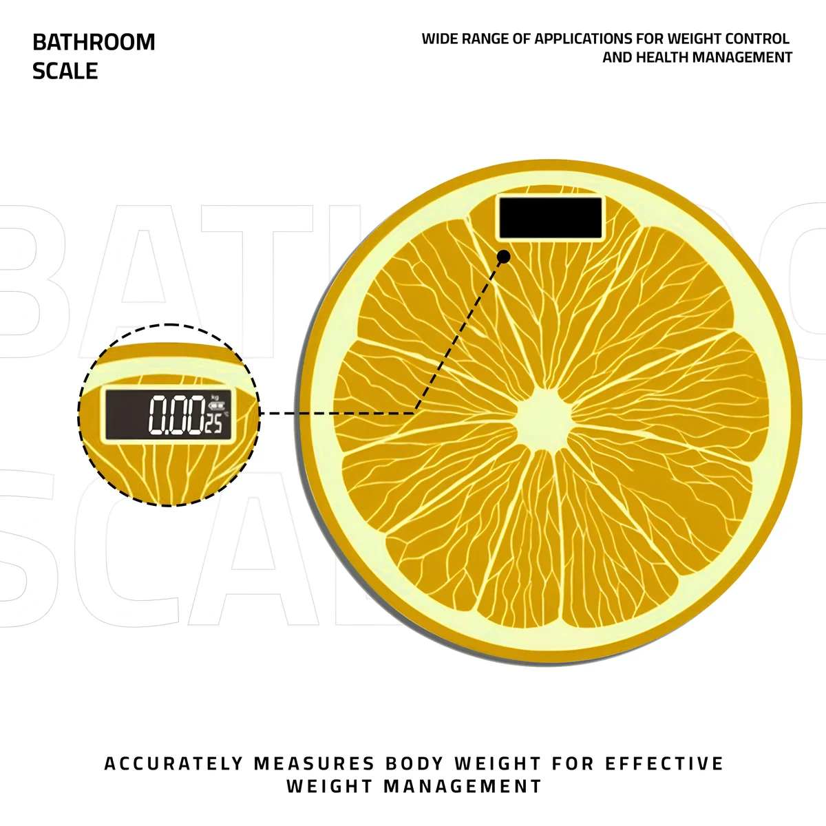 Round orange and lemon design USB charging weight scale with clear LCD display showing body weight reading