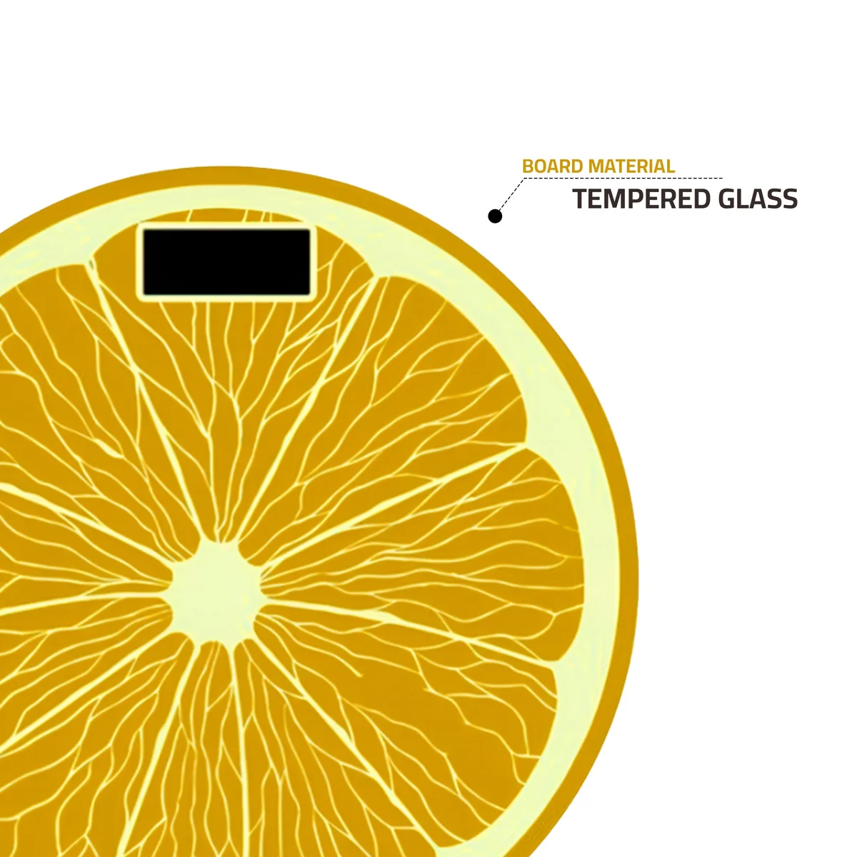 Round orange and lemon design digital body weight scale with LCD backlit display on a white background