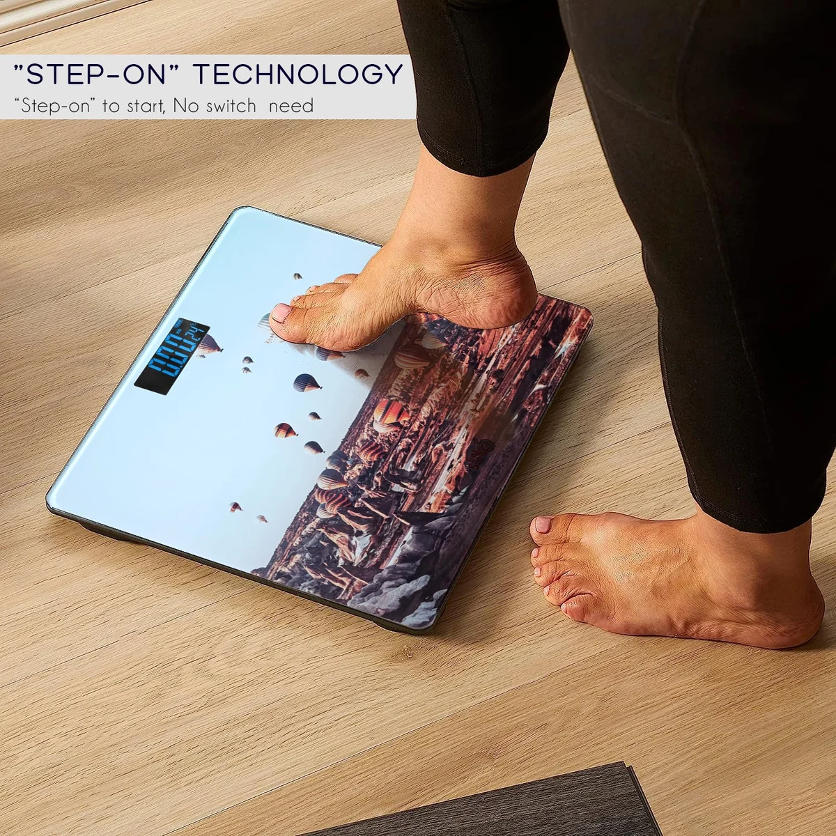Square printed design electronic bathroom scale with LCD display, glass surface, and high precision scales for accurate readings