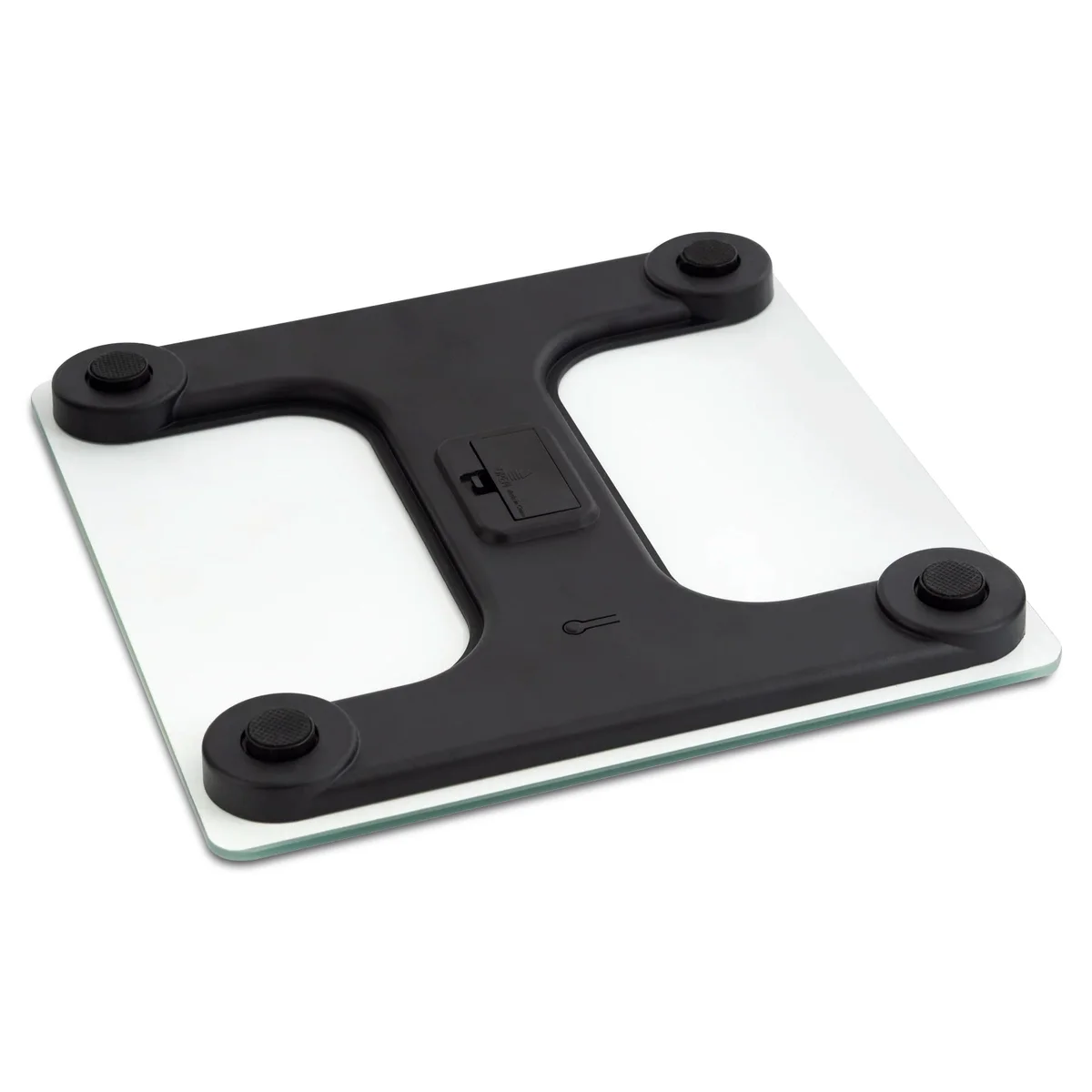 Square bathroom scales with printed design, LCD display, and tempered glass surface on white background.