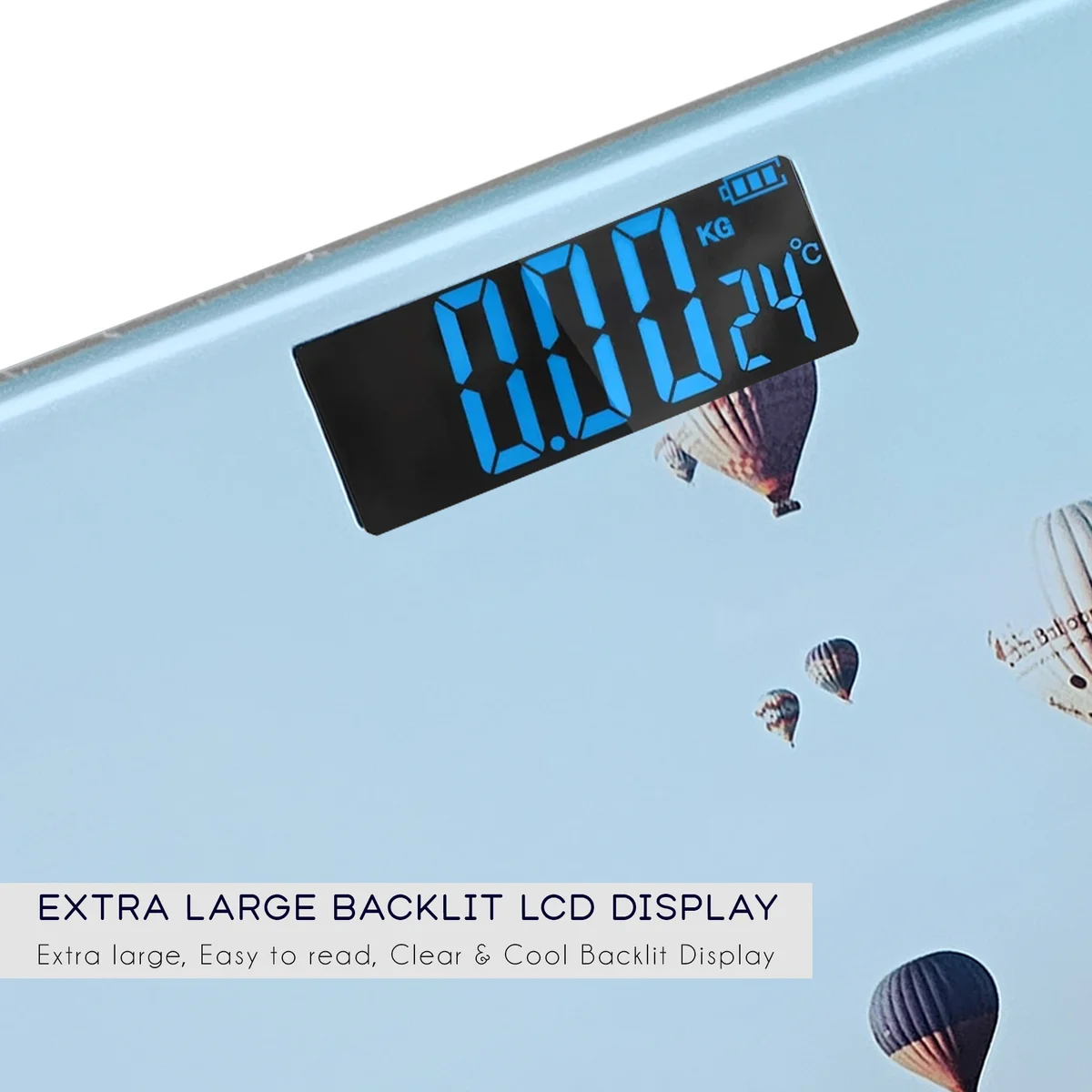 Square printed design electronic bathroom scales with LCD display on tempered glass surface, showing weight reading