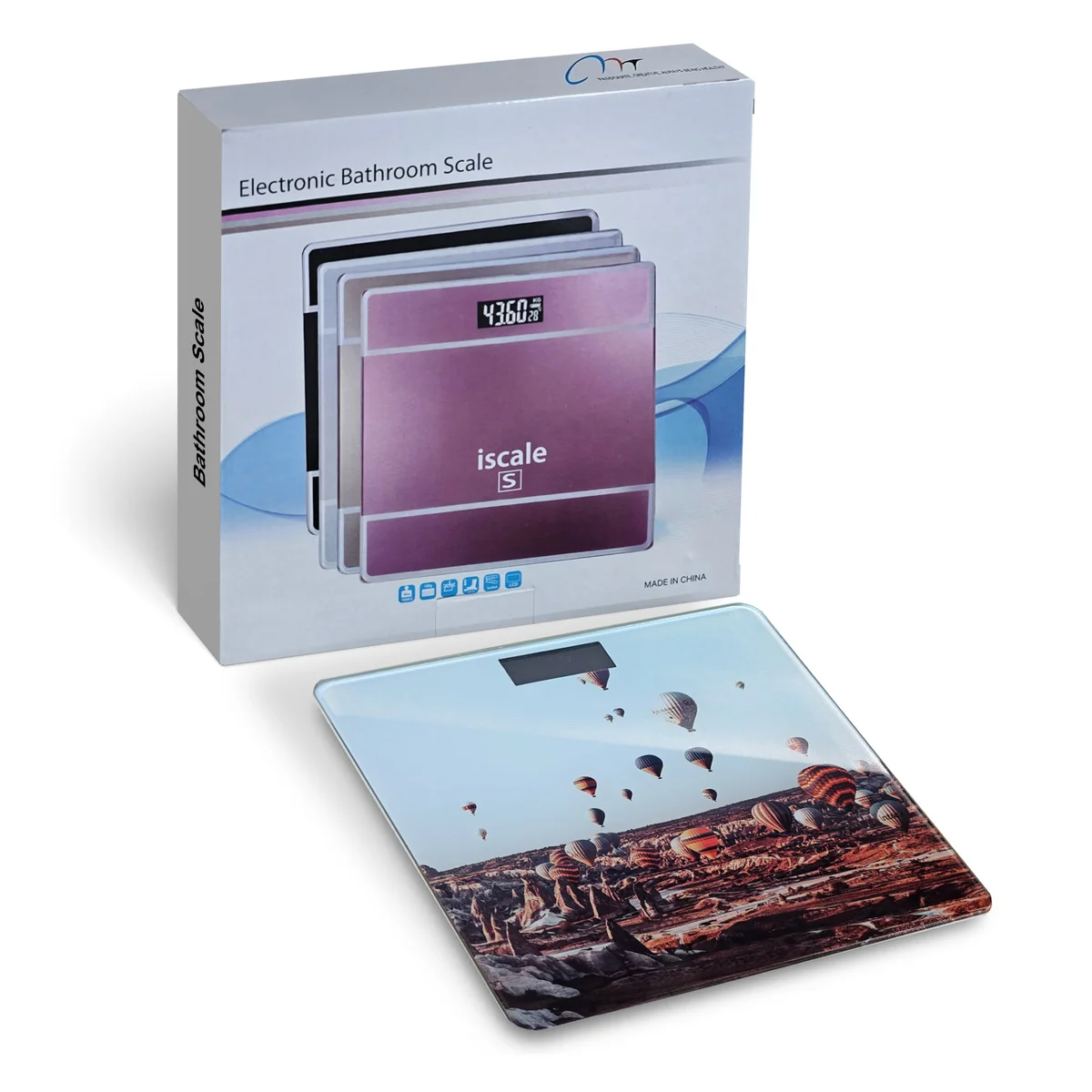 Square printed design electronic bathroom scales with LCD display on tempered glass surface, showing weight measurement