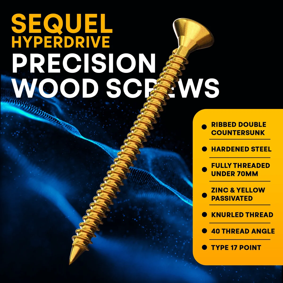Flat head yellow self tapping wood screws with sharp pointed tips and deep knurled threads in a scattered arrangement