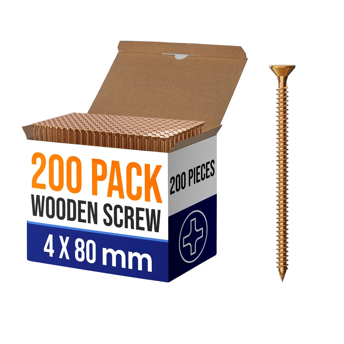 Pack of yellow flat head wood screws with sharp pointed tips and knurled deep threads for wood fastening
