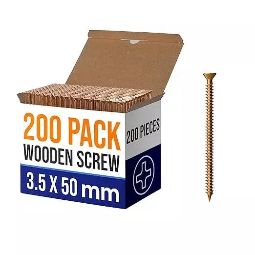 Flat head yellow self tapping wood screws with sharp pointed tips and knurled deep threads arranged on white background