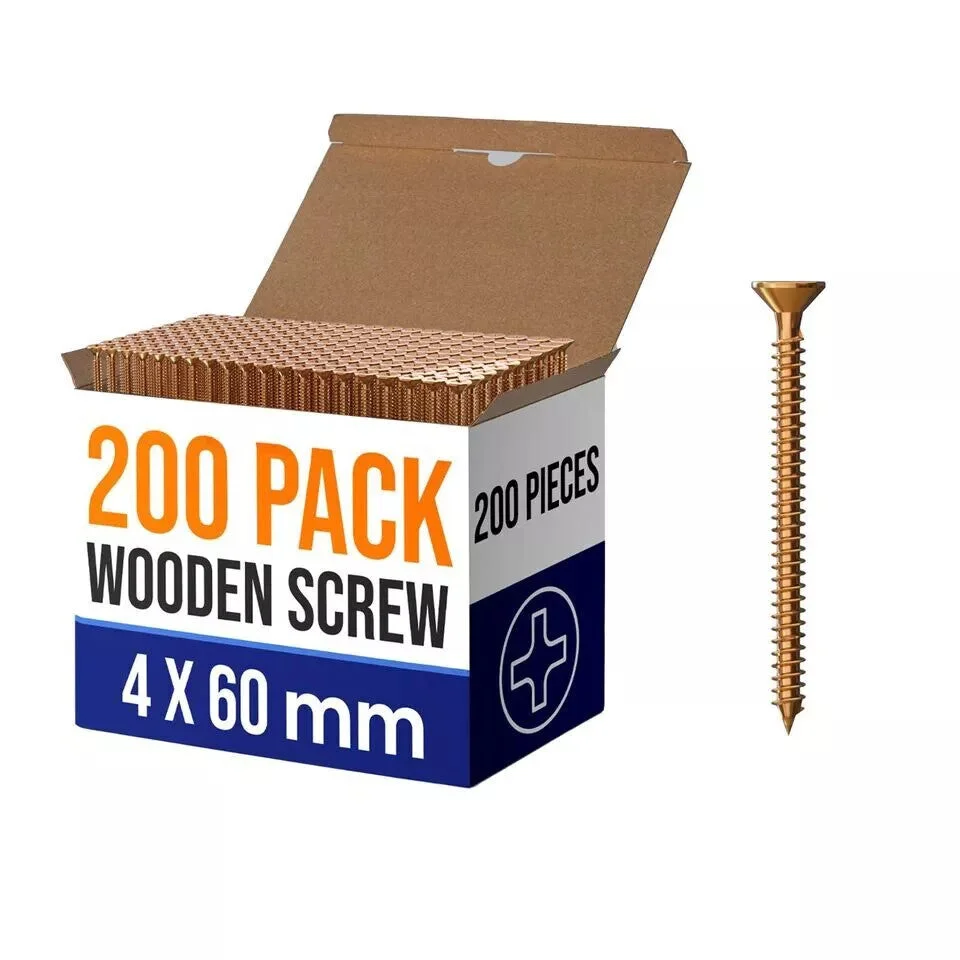 Flat head yellow self tapping wood screws with sharp pointed tips and knurled threads for wood and MDF use