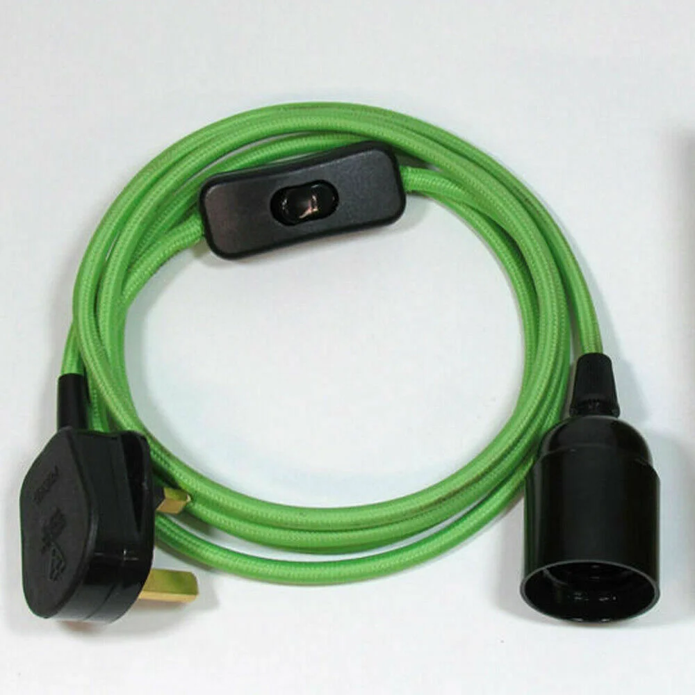Green fabric flex cable plug in pendant lamp set with UK plug, 4m length and E27 bulb holder included