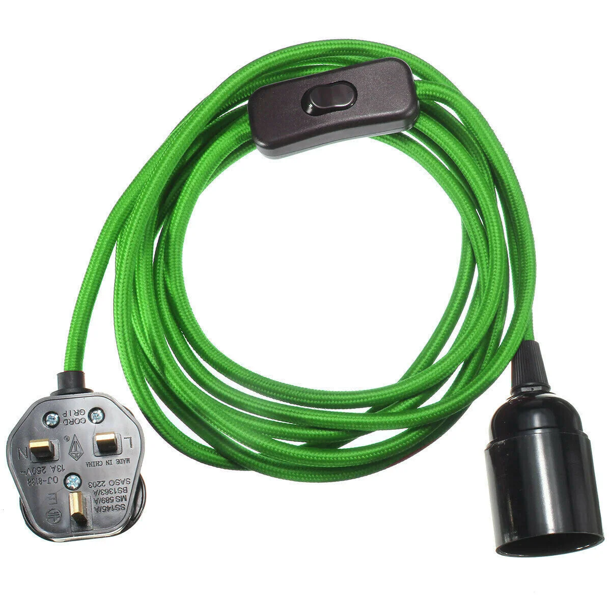 Green 4 meter fabric cable lamp with UK plug, switch, and E27 bulb holder for DIY pendant lighting projects