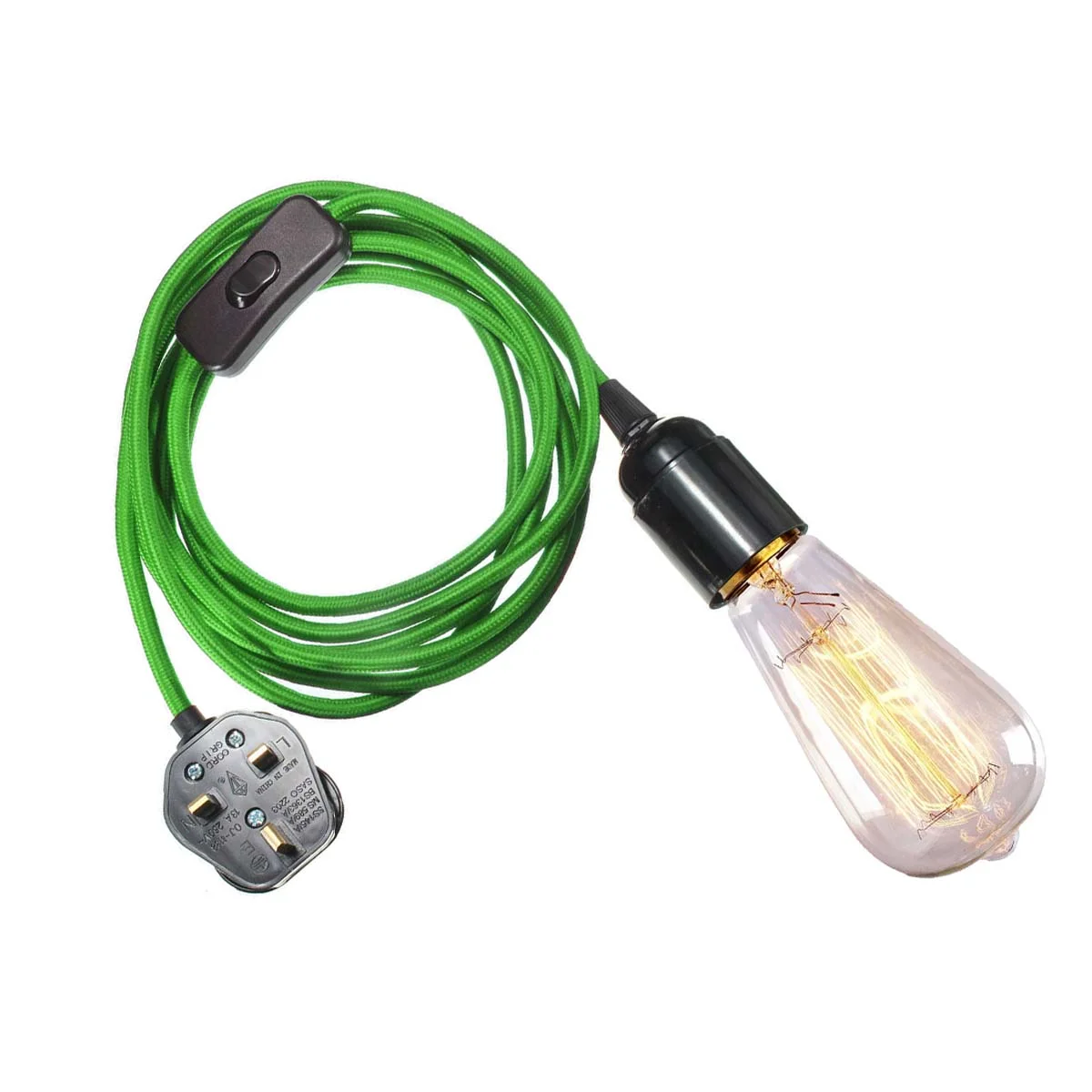 Green fabric flex cable with UK plug pendant light set, including 4m cord and E27 bulb holder with switch
