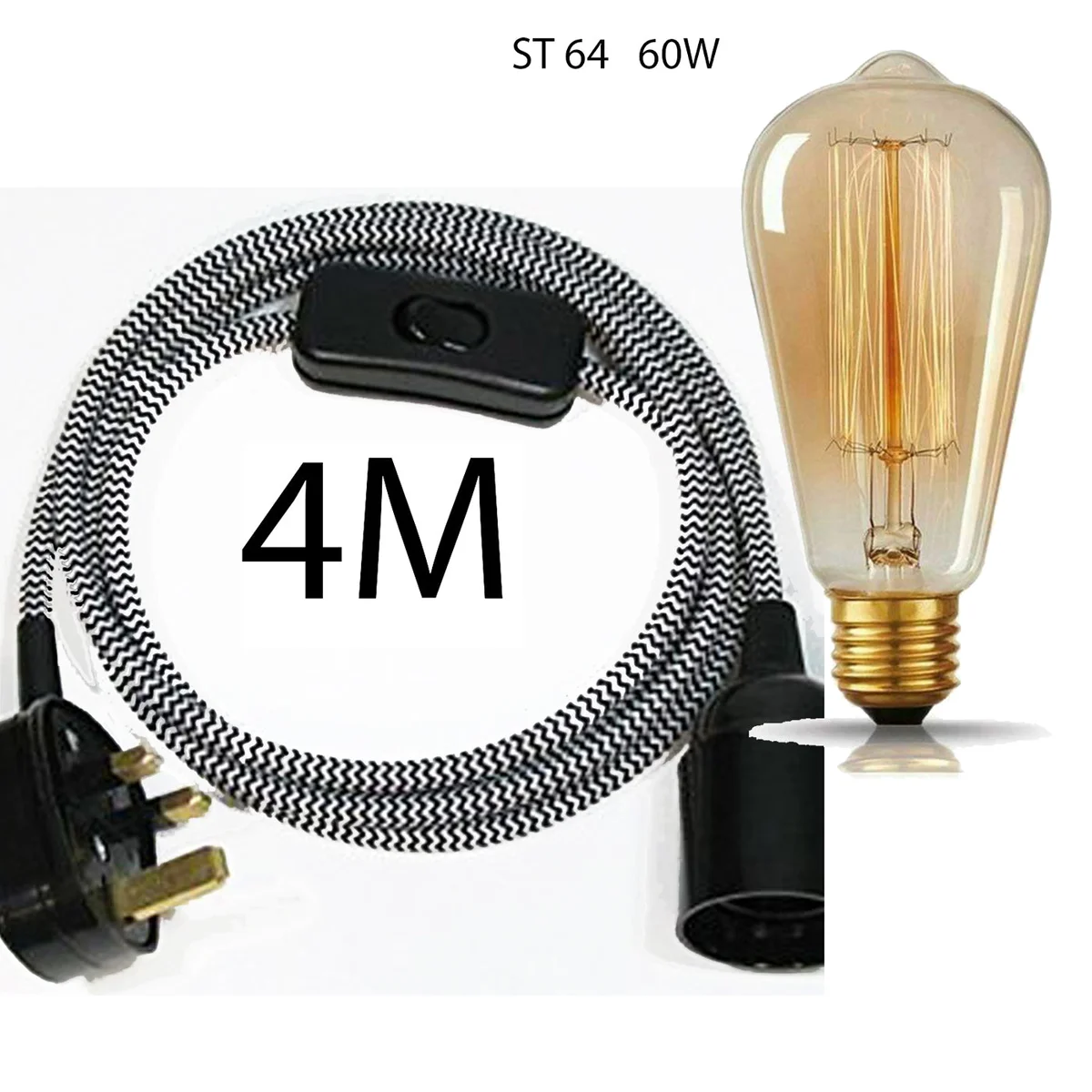 Green fabric flex cable with UK plug and E27 bulb holder pendant set laid out on white background