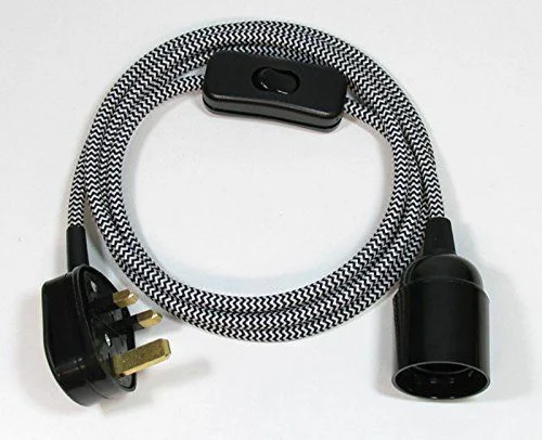 Green fabric flex cable with UK plug and E27 bulb holder for vintage style pendant lamp, 4 meters long