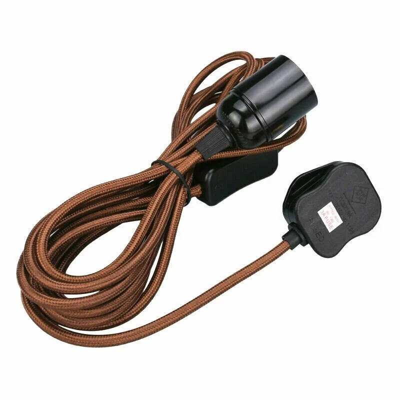 Green fabric flex cable pendant lamp set with 4m cord, UK plug, and E27 bulb holder with switch