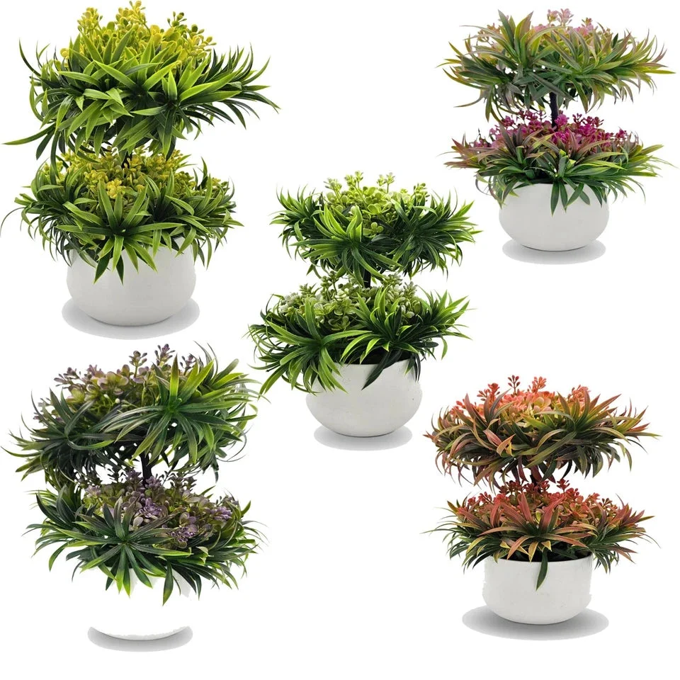 Two small artificial bonsai trees in black pots, ideal for indoor and outdoor decoration, 20cm tall each