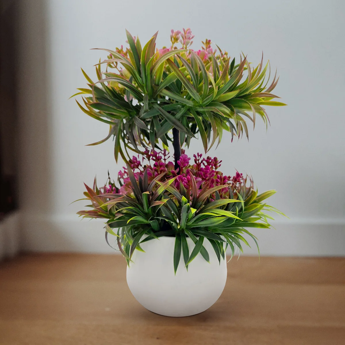 Two realistic artificial bonsai trees in small pots, ideal indoor bonsai decoration for home or office spaces