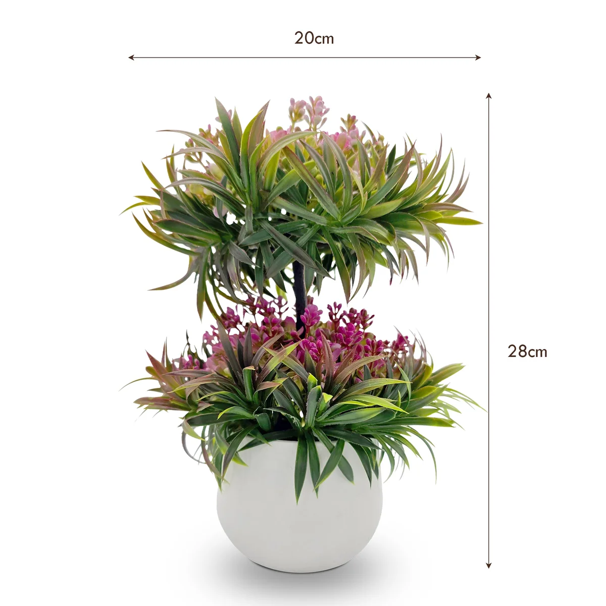 Two small artificial bonsai trees in black pots displayed on a white surface, ideal for indoor or outdoor decor