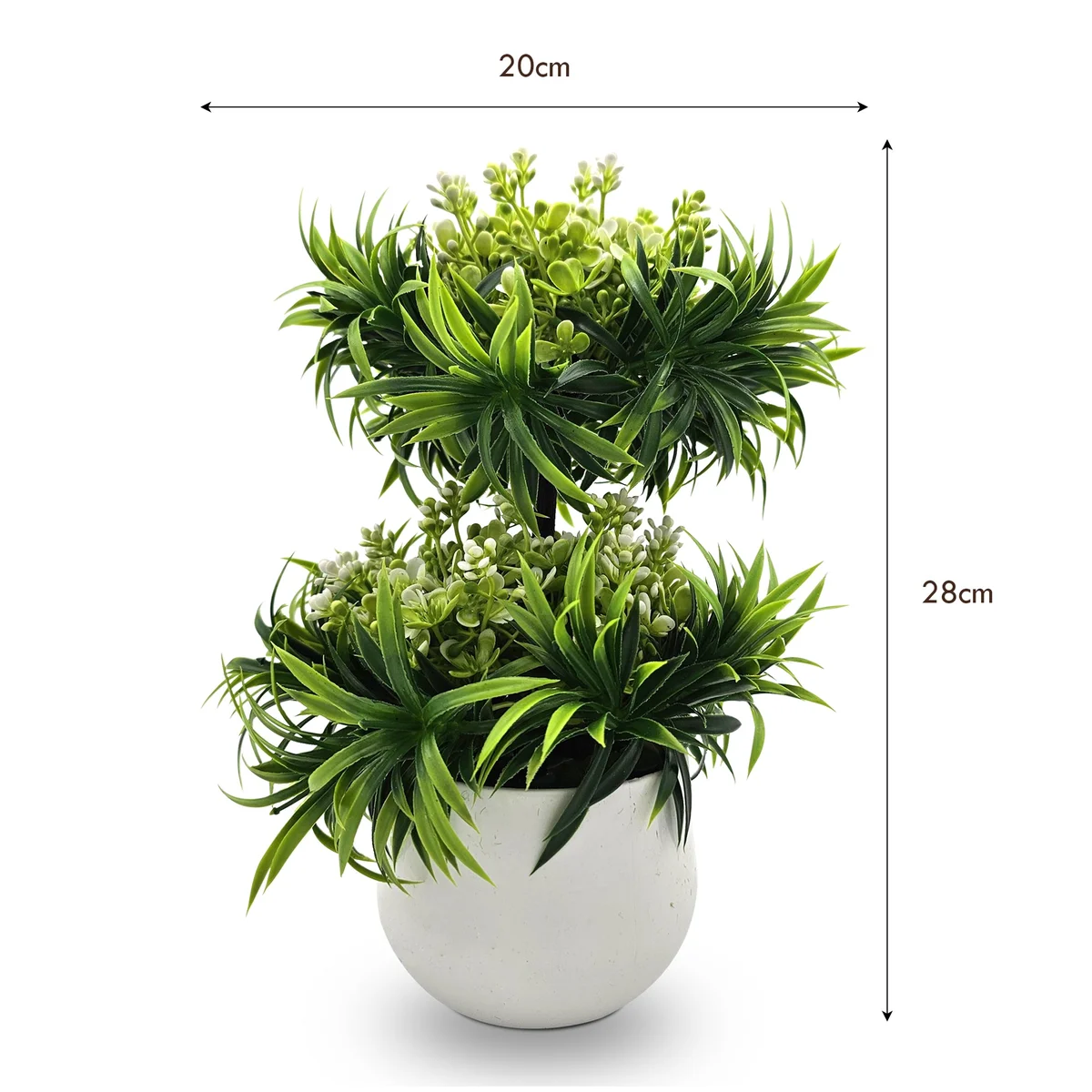 Two small artificial bonsai trees in black pots, ideal for indoor or outdoor decoration, 20cm tall each