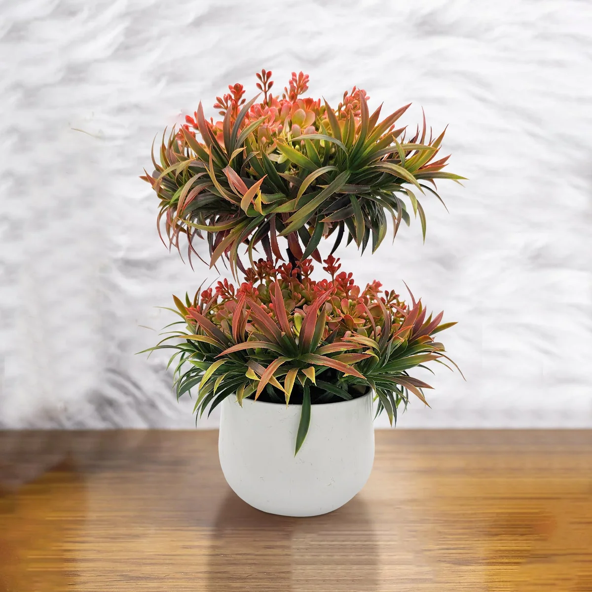 Two small artificial bonsai trees in black pots, suitable for indoor and outdoor decoration, shown side by side