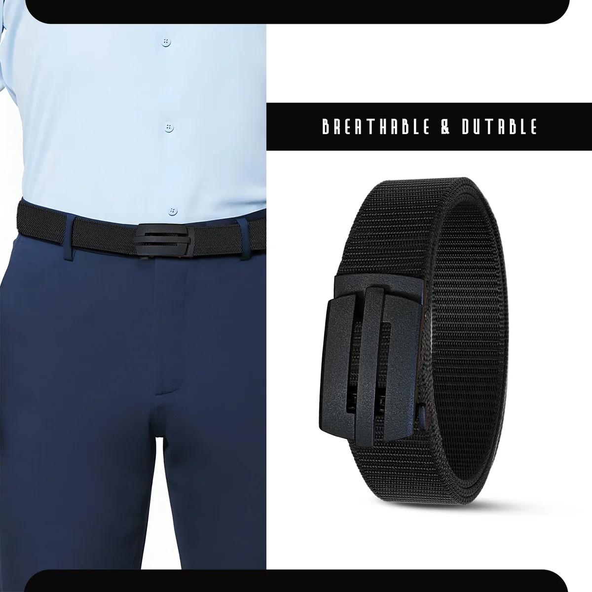 Black adjustable unisex casual belt with plastic buckle, made from breathable webbing nylon for comfort and durability