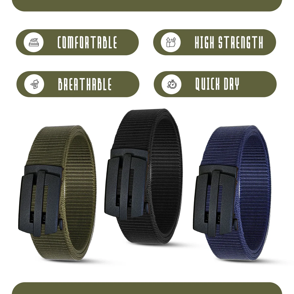 Black tactical military belts with plastic buckle, adjustable length, made from breathable webbing nylon material