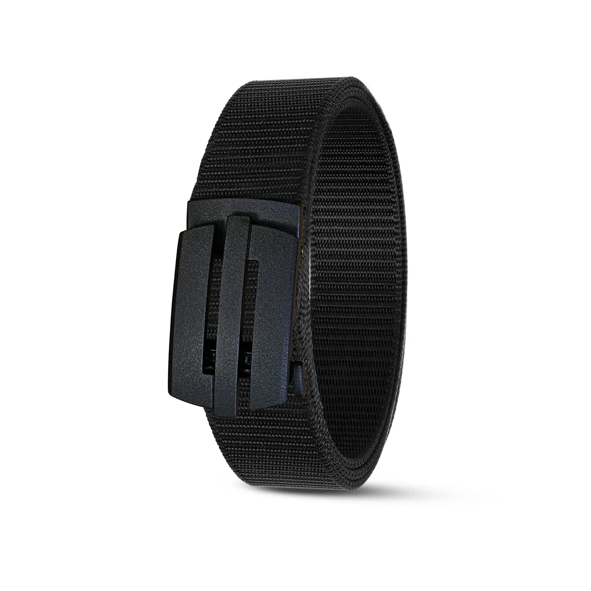 Black tactical military belt with plastic buckle, adjustable length, made of breathable webbing nylon material