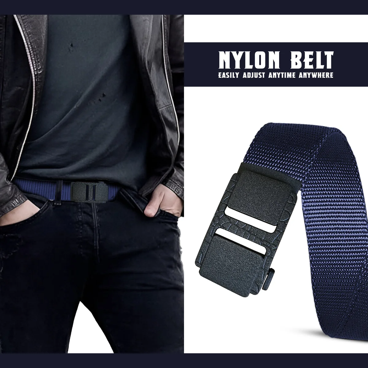 Unisex woven leather belt with adjustable plastic buckle, suitable for jeans and tactical work, made from lightweight nylon webbing