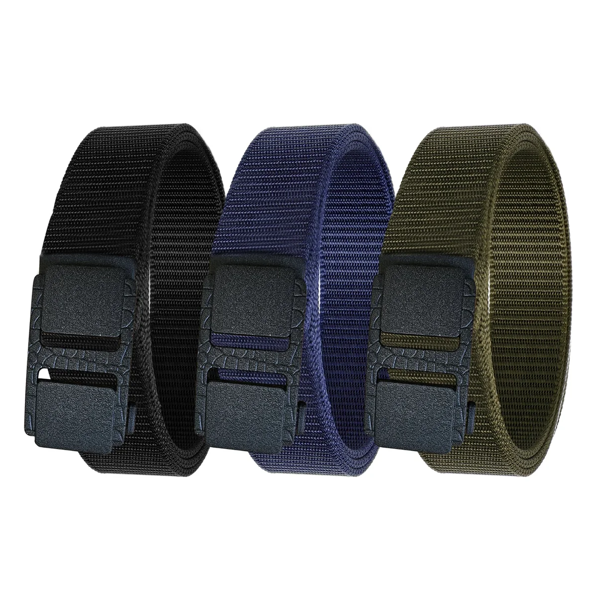 Black woven nylon adjustable men's belt with plastic quick-release buckle for casual and tactical wear