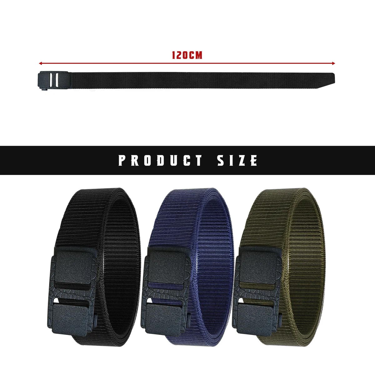 Black tactical belt unisex made of woven nylon with adjustable plastic buckle, shown coiled on white background