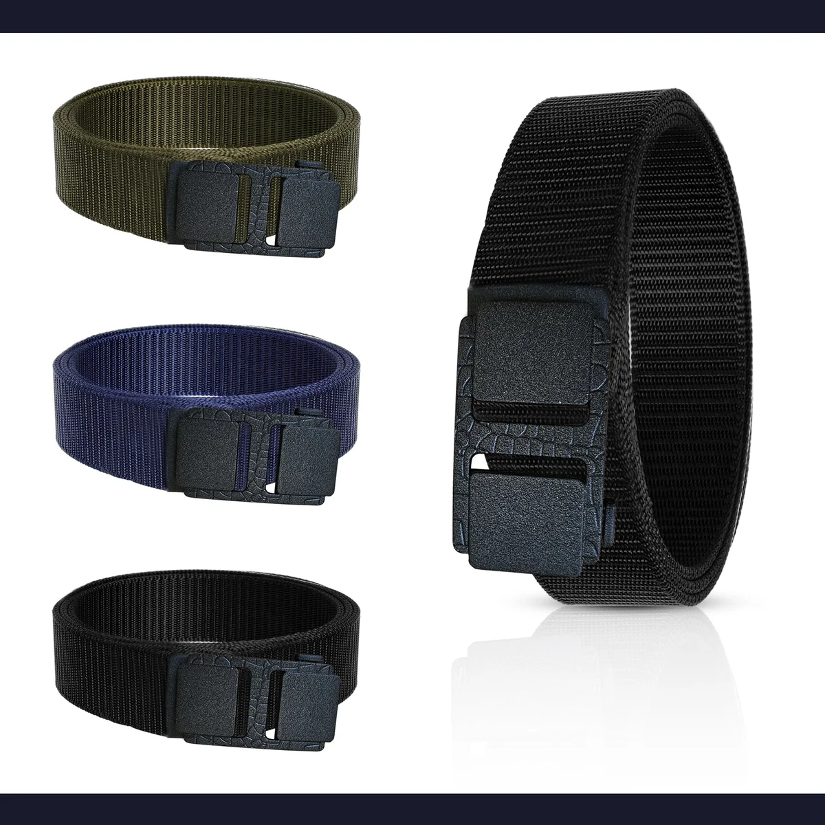 Black nylon webbing belt with plastic buckle, adjustable length, shown coiled for casual and tactical use