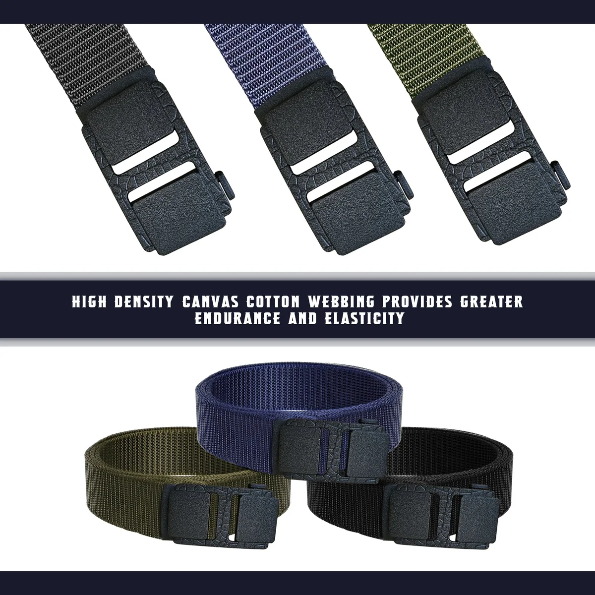 Unisex woven nylon belt with adjustable plastic buckle belt shown fastened on jeans in casual setting