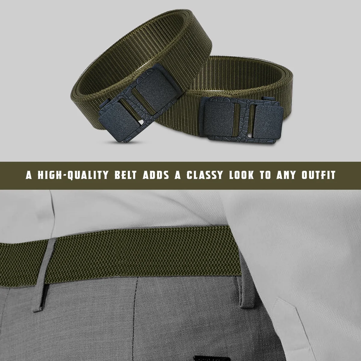 Close-up of unisex woven leather belt with plastic buckle, adjustable length, suitable for jeans and tactical use