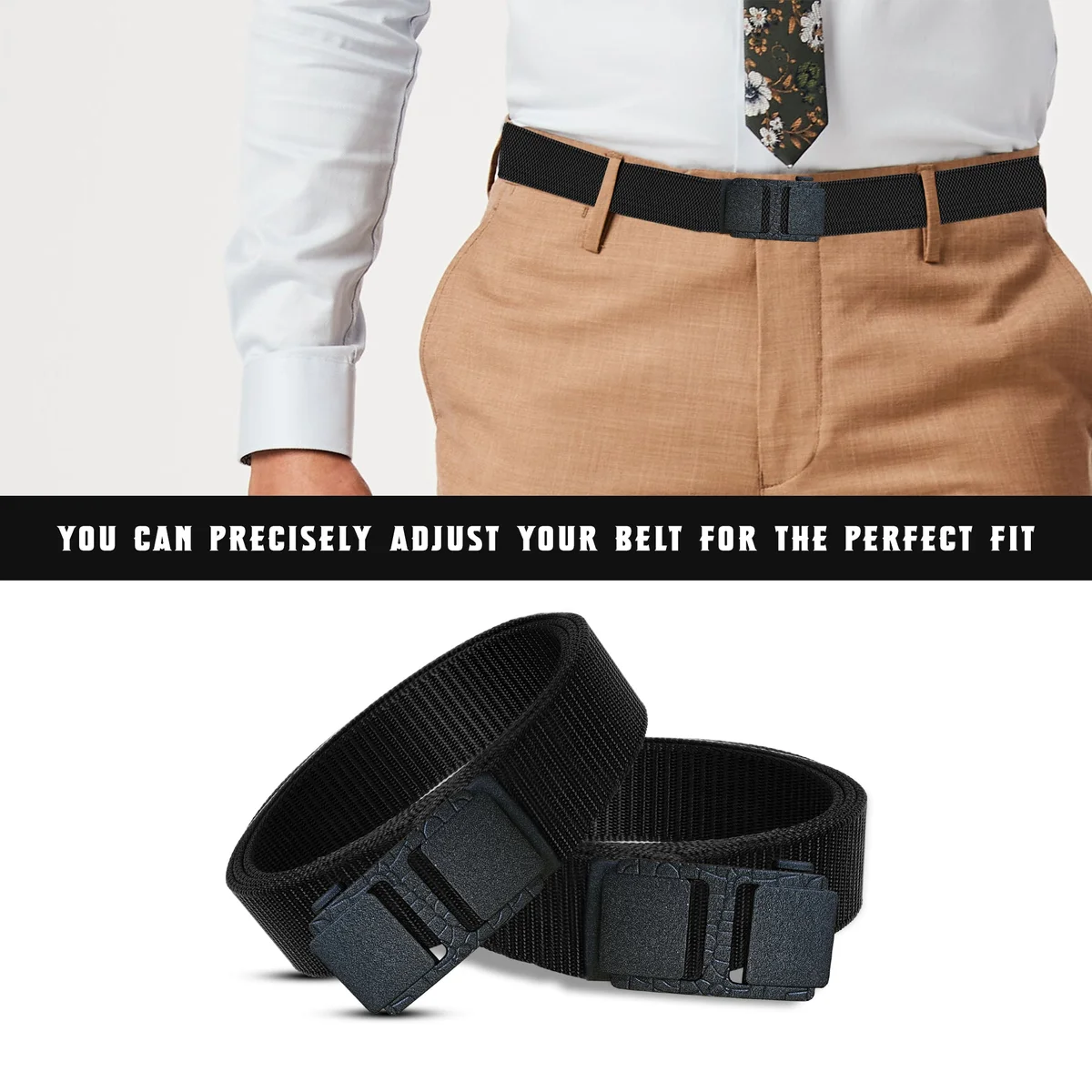 Unisex woven leather belt with plastic buckle, adjustable length, shown coiled on white background